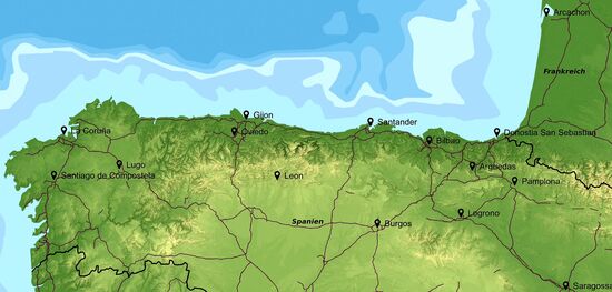 Grobe Route von Arcachon aus entlang des Atlantiks bis Santiago de Compostela, zurück über Lugo, Leon und Pamplona - Ånderungen vorbehalten!