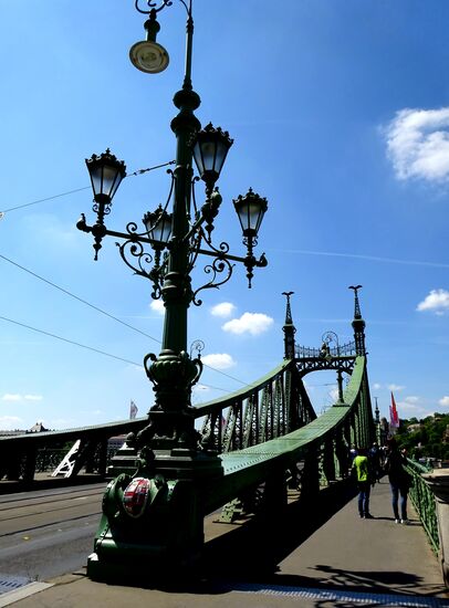 Direkt vor der Markthalle die Freiheitsbrücke, die anl. eines gewonnenen internationalen Wettbewerbs vom ung. Ingenieur János Feketeházy mit den Architekten Steinhard &amp; Lang in 2 Jahren errichtet und 1896 eingeweiht. Im 2. WK zerstört, wurde sie nach dem Krieg wieder originalgetreu aufgebaut.
