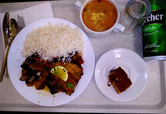 Vorsuppe, Fischfilet auf Gemüsebett mit Reis, Kuchen und 1 Bier