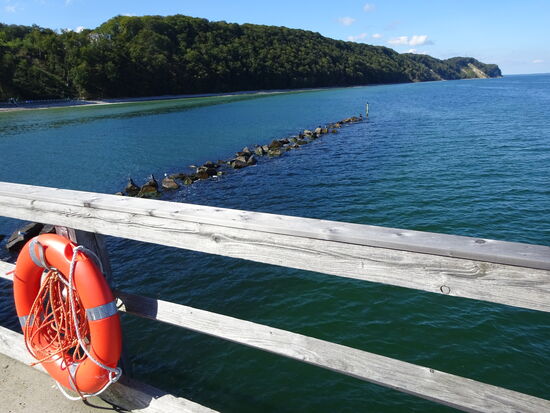 Blick auf Strand und bewaldete Küste