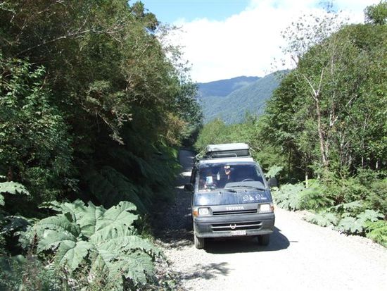 die wohlgeteerte stasse auf der carretera austral, mit schotter, steinen u. immer wieder auftauchenden löcher im naheliegenden dschungel.....