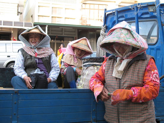 Teeblattzupferinnen auf dem Weg zur Arbeit