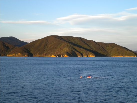 Sunset in the Marlborough Sounds on our ferry-journey to Picton. Stunning beautiful landscape.