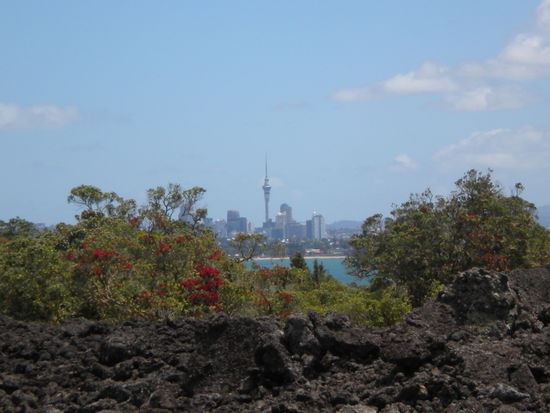 The Auckland Skyline seen from Rangitoto Island. Infront some of the 600 years old lava stones.