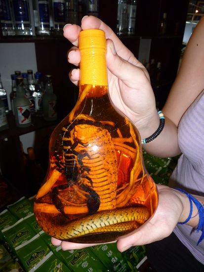 Ah ja, wir hatten ja in Vietnam noch kein Fundstück aus der Kathegorie "merkwürdig"! Das ist eines: 
Schnaps in den Kobras, Skorpione und anders Viechzeugs eingelegt sind! Buuuaahhh!!! (die Kobra hat den Skorpionschwanz im Mund! )