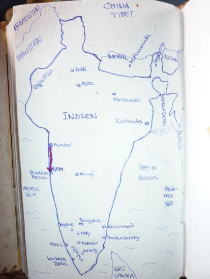 Also da hat sich ja jemand ins Zeug gelegt und ne 1:1 Karte von Indien "gezeichnet" 
Hier werdet ihr also die naechsten 3 Monate nachverfogen koennen wo ich rumduese.
In Mumbai bin ich also anfang April gelandet und dann nach 4 Tagen nach Goa (Palolem Beach (13 Std. Bus = 2 Std. Taxi)) gefahren.