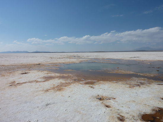 Los ojos de la Salar (= Die Augen der Salar):
Hier ist die Salzschicht so duenn, dass Wasser nach oben gedrueckt wird von den unterirdischen Fluessen.