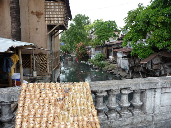 Gelinde gesagt - hier stinkt es nicht nur nach Fisch... Im Bildhintergrund reihen sich selbstgebaute Hütten am Fluß entlang. Der Fluß selbst ist allerdings nichts anderes als Kloake.