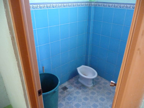 Der großzügige Sanitärbereich. Im Faß links das Wasser für Dusche und Klospülung. Jeden Tag stehen uns 40 Liter zu. Wie wir erst später erfahren, handelt es sich um Brackwasser aus der Lagune, man sieht es auch an den vielen Mückenlarven, die sich in dem Bottich offensichtlich wohl fühlen...