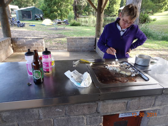 Auf dem schoenen freien Campingplatz in Scottsdalen- Vorbereitung des Abendessens. BBQ ist eine sehr schoene Alternative zum Grillen