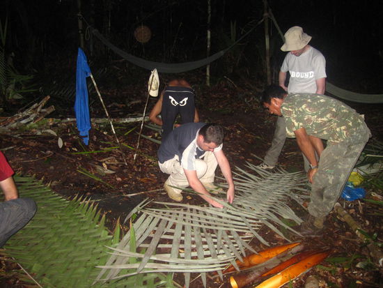 Aus diesen "Palmenblaetter" woben wir unsere "Tische"....