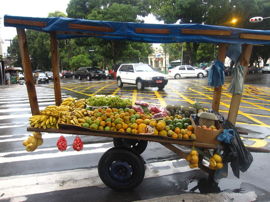 Viele Leute verkaufen Fruechte und selber gekochtes Essen an den Strassen...