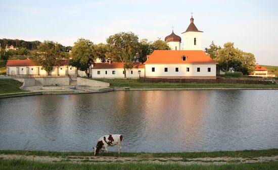 Das Kloster Capriana mit einer der zahlreichen Kühe
