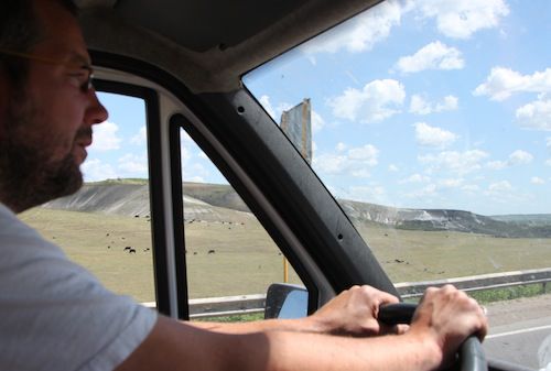 Schon mal gemerkt, dass alle schönen Dinge zum fotografieren immer auf der Fahrerseite sind - zumindest die letzten 200 km war es so. Hier eine Kuhherde vor malerischen Hügeln