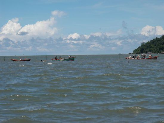 Austernfischer: Die Frauen stehen im Wasser und fischen mit den Füssen nach Austern, man sieht es leider kaum.