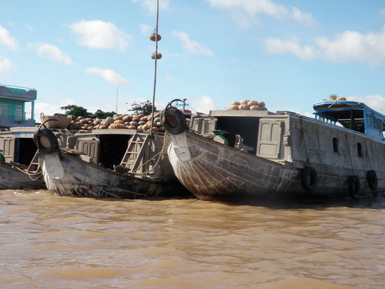 Frühmorgens tuckern wir zum schwimmenden Markt von Cai Be. Um anzuzeigen was sie verkaufen, hängen die Verkäufer ihre Produkte an einen langen Holzstab. Kürbis, Kartoffeln, Zuckerrohr. Kunden des Marktes sind Kleinhändler, die von jedem Schiff ein paar Kilos kaufen und sie dann auf dem lokalen Markt weiterverkaufen.
