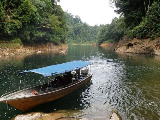 Unser Boot zum Lasir Wasserfall. Nach ca. 40 Min Fahrt geht uns das Benzin aus und es muss von Hand nachgefüllt werden. Könnt Ihr Euch vorstellen, wie unser Rucksack gestunken hat nachher?