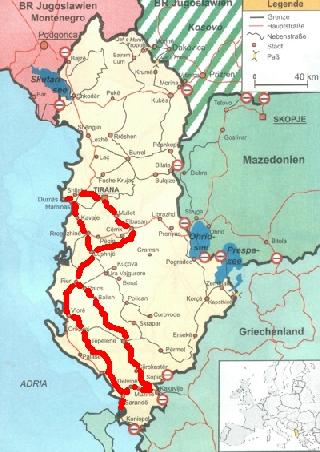Für die Hinfahrt haben wir uns die Strecke: "Tirana-Elbasan-Lushnje-Fier-Gjirokastra-Jergucat-Saranda" ausgesucht.