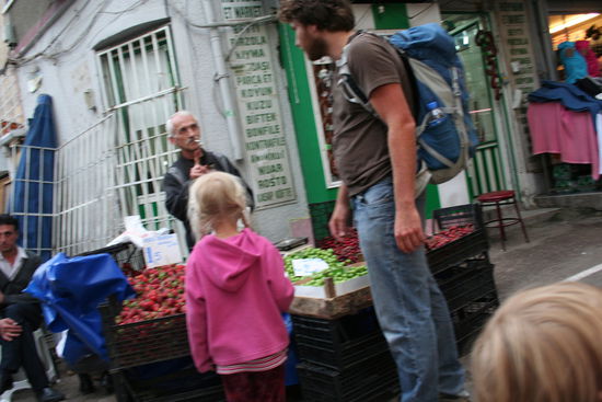Bei ihm kauften wir Erdbeeren. 1,5 Türkische Lira stand auf einer Pappe, nun wir dachten es handelt sich vielleicht um 250 gramm und gaben ihm zu verstehen, dass wir gerne Erbeeren für 3 Lira hätten... wir bekamen 2 Kilo. 2 TL sind etwa 1 Euro.