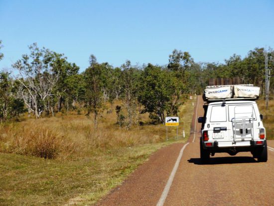 Am 16. Juni gings dann ab ins Outback. Zuerst noch auf schönen, geteerten, unendlich langen Strassen mit dem Hinweis auf die frei herumlaufenden Rinder..