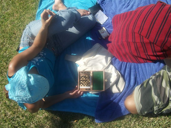 gemuetlich im park, naehe der queen mary, beim schach spielen