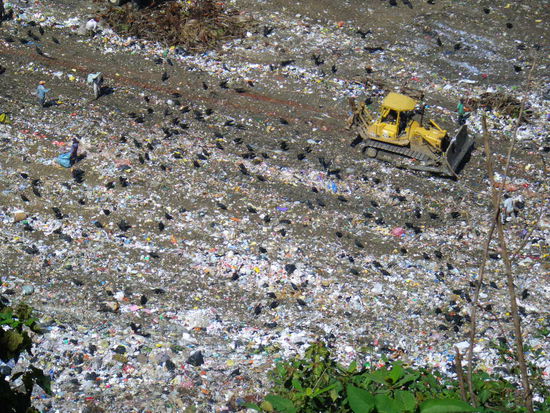 Bild von der Muellkippe in Guatemala City. Die schwarzen Flecken sind alles Geier. Hier arbeiten und wohnen die Muellsortierer. Mittlerweile ist es den Kindern der Arbeiter verboten dort mitzuarbeiten, aber daran halten sich die wenigsten. Der Gestank war unertraeglich...