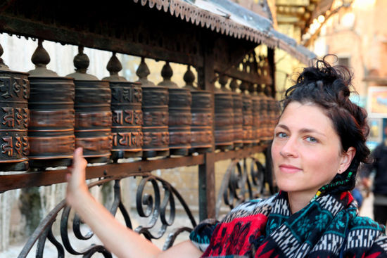 sich drehende Gebehtsmuehlen am Affentempel Swayanambuth