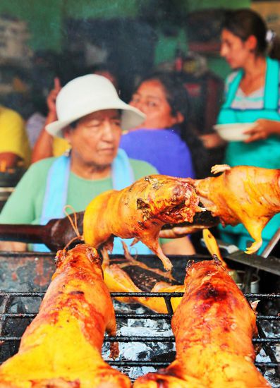 Meerschweinchen am Spieß, was wir eigentlich erst in Peru erwartet hätten