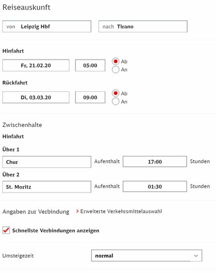 So haben wir auf www.bahn.de in der Option "Weitere Angaben ändern" unsere Verbindung gesucht