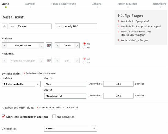 Erforderliche Eingaben auf www.bahn.de für diese Verbindung