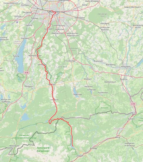 Das waren die ersten gut 120 Kilometer, die ich bis zum Achensee gefahren bin (Quelle: Openstreetmap)
