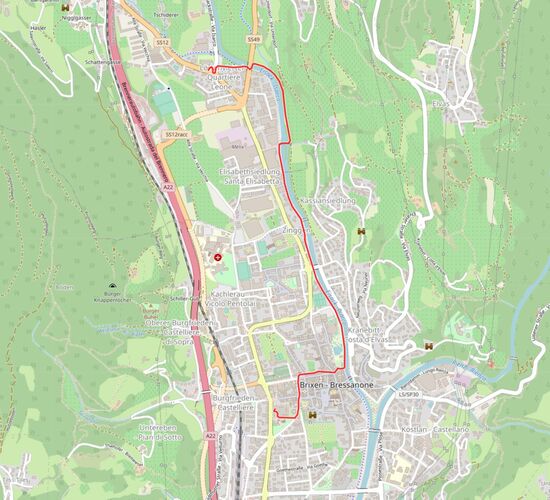 Erst einmal nur eine kurze Fahrt bis zum Busbahnhof von Brixen (3,2 Kilometer)
(Quelle: Openstreetmap)