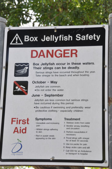Vor dem Betreten des Strandes wird man noch dezent darauf hingewiesen was einem im Wasser so alles begegnen kann. Von Quallen...