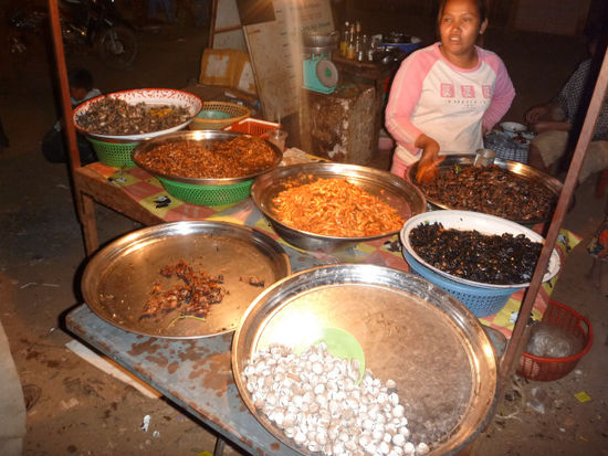 Am örtlichen Markt gibts alles was das Herz begehrt: hinten links frittierte Frösche, Heuschrecken, Shrimps, Käfer, Schnecken und das Beste: