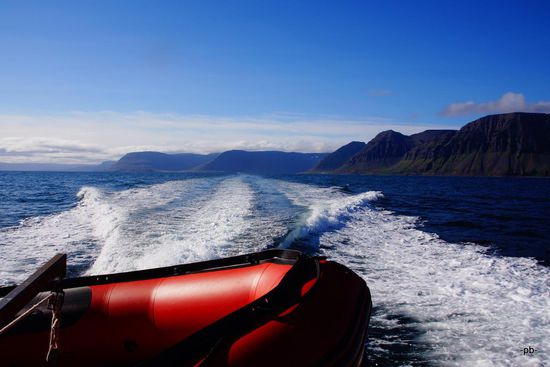 Über drei Stunden dauert die Fahrt mit dem schnellen Boot, zunächst durch den ruhigen Fjord, später durch den rauhen Nordatlantik. Diese Fahrt geht nicht spurlos an uns vorbei.