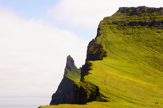 Hier sieht man an der Klippe antlang den Weg, den wir gehen, der sich ganz nach oben zieht. Oben geht es 550 Meter fast senkrecht in die Tiefe, der Felsen ist damit Islands höchste Steilklippe.