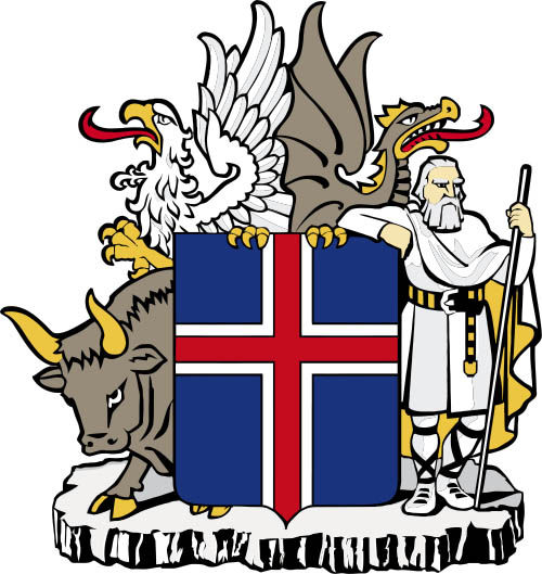 Das Wappen Islands mit den Landwächtern Stier, Adler, Drache und Riese