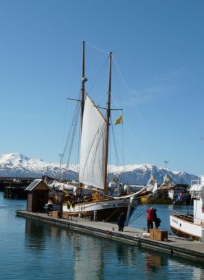 unser Schooner mit aufgespanntem Frontsegel bereits wieder im sicheren Hafen