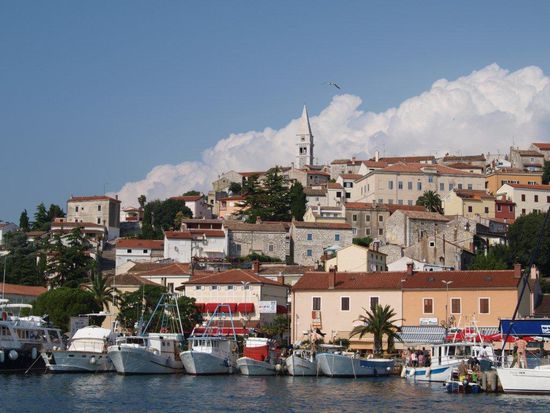 Vrsar vom Hafen aus gesehen.