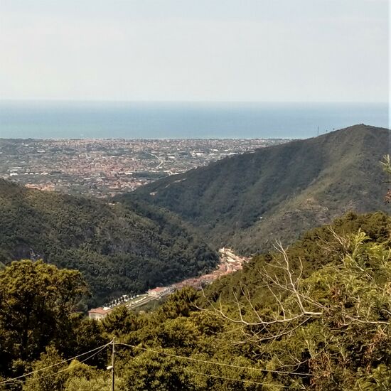 Blick auf Seravezza, links der Palast und die Zelte des "Blues-Village".