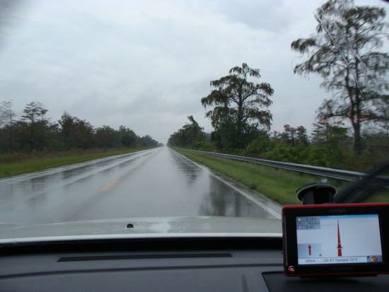 Die 41 auf dem Weg durch die Everglades. Das Navi hat da einen leichten Job (siehe rechts). Ein Tempomat ist hier so nützlich wie gefährlich (gähn...).