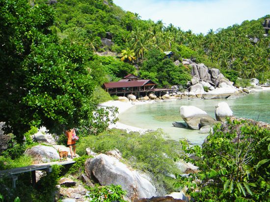 Anja mit tierischer Begleitung zum "Freedom Beach" - eine Traumhafte Bucht im Süden Koh Taos