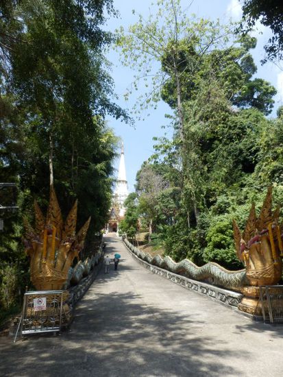 der Weg zum Wat Bang Riang bewacht von 2 Drachen