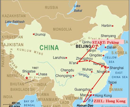 Geplante Tour:
Peking, Xi´an, Luoyang (Shaolin-Klöster, vor Zhengzhou), Zhengzhou, evtl. Nanjing, Shanghai, Hangzhou, Guangzhou, Hainan (Hawaiinsel von China, Sanya), Hong Kong --&gt; Rückflug!
