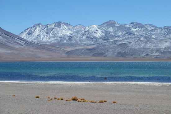 San Pedro de Atacama - Schneebedeckter Vulkan mit blauer Lagune. Ein zauberhafter Anblick.