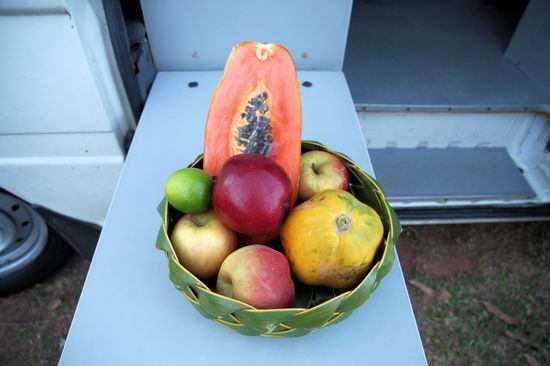 So sieht die Schale aus, wenn man sie mit leckeren tropischen Früchten füllt. Die Äpfel ignoriert ihr einfach mal. 