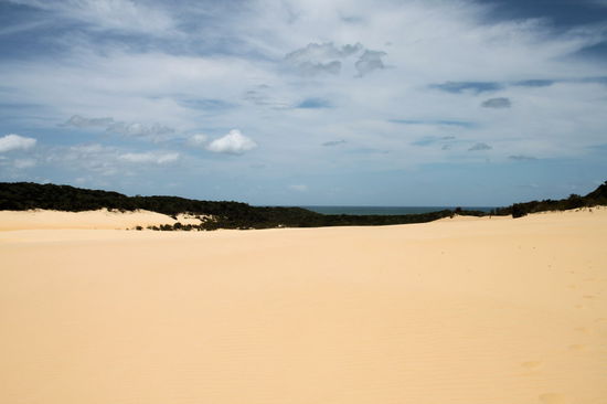 Über die weiten Sandflächen zum Lake Wabby. Im Hintergrund ist noch das Meer zu erkennen.