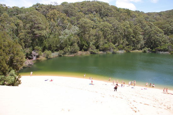Am Ende der Wanderung geht es von einer großen Sanddüne direkt und ziemlich steil in den See. Das Wasser war ausreichend warm, sodass auch ich mich ins Wasser getraut habe und Lizzy nicht wieder alleine schwimmen musste.