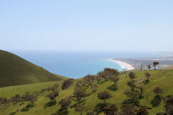 Nach einem kurzen Stopp in Victor Harbor sind wir über den scenic drive nach Yankalilla (sehr schöne Strecke) gefahren. Im Bild der Blick aus den Hügeln auf die flache Küste. Irgendwann enden die Hügel recht abrupt und man fährt durch die flache Küstengegend im Südwesten des Großraums Adelaide.