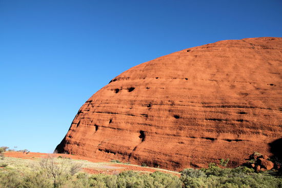 Auf dem Rückweg (kurz vor dem Parkplatz) noch ein Blick zurück auf die beeindruckenden Felsformationen von Kata Tjuta. Zum Größenvergleich: Nah am linken Bildrand sieht man ein paar bunte Punkte - dies ist eine Gruppe Wanderer!
Für den 'Valley of the Winds Walk' haben wir 3 Stunden gebraucht.